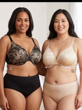 Two Cacique Bra Size 44D Modern Lace Covered Lined Black Cream